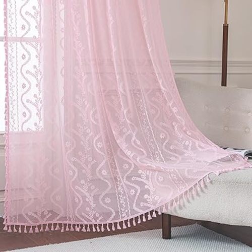WAZZIO Boho Lace Curtains 84 Inch 2 Panels -Sheer Panel Drape Floral Pattern & Tassel Light Filtering Privacy for Bedroom Dining Living Room,Princess Pink Girl Bedroom Decor,Pale Pink,W52 x 84L