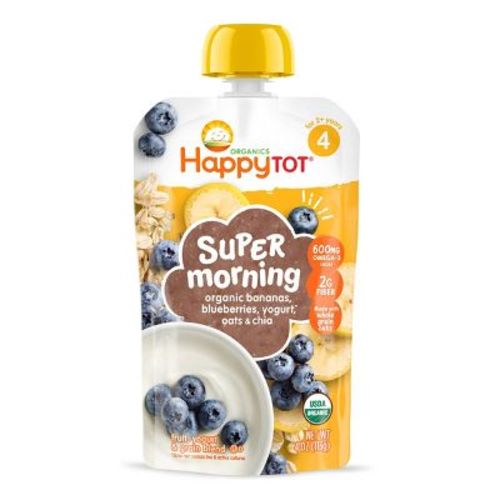 Happy Tot Super Morning Organic Bananas, Blueberries Yogurt, Oats & Chia Toddler Pouch - 4oz: 24 Months+, Pureed Meal