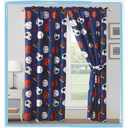 WPM Sports Curtains for Boys Bedroom : 4 Piece Blue Curtain Set with Panel and tiebacks Football Soccer Baseball Basketball Fun Sports Design (Football, Curtain Set)