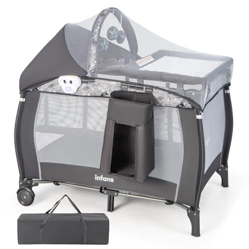 INFANS 4 in 1 Pack and Play, Portable Travel Baby Playard with Bassinet, Changing Table, Canopy, Mosquito Net, Hanging Toys, Music Box, Storage Bag, Large Playpen from Newborn to Toddlers (Grey)