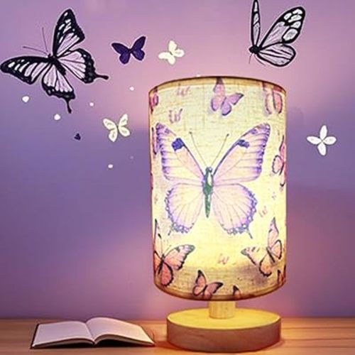 Butterfly Lamp, Kids Lamps for Bedrooms Girls, 3 Color Changing LED Night Light with 9 Brightness Levels Wood Nightstand Desk Base Flaxen Fabric Shade for Bedroom Living Room (Purple Butterfly)