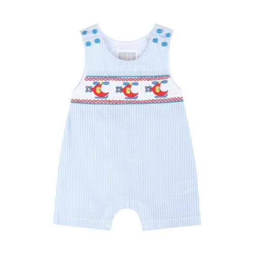 Blue Seersucker Helicopter Smocked Shortalls