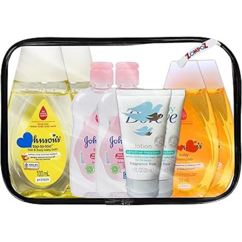 Bath Essentials Travel Kit, 8 Piece TSA Approved Travel Size Bottles Toiletries Kit, Baby Shampoo (2) Top to Toe Body Wash (2) Baby Oil (2) Baby Sensitive Lotion(2)