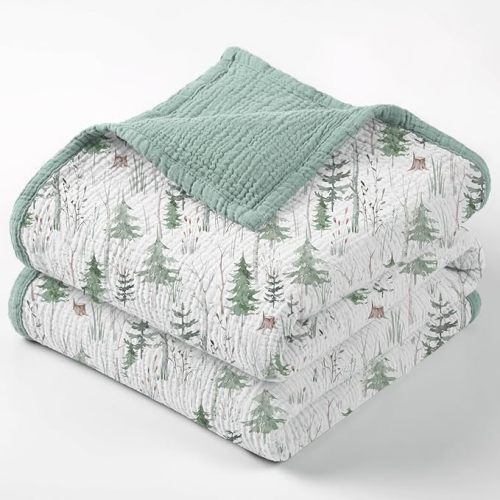 lulumoon Muslin Baby Blanket Neutral: Cotton Crib Blanket with Pine Tree - Soft Toddler Bedding for Registry Gift 47x47 Inches (Green Forest Stump)