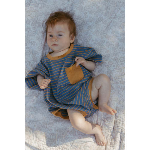 Cory Pocket Romper in Thin Stone Blue Mustard Stripe