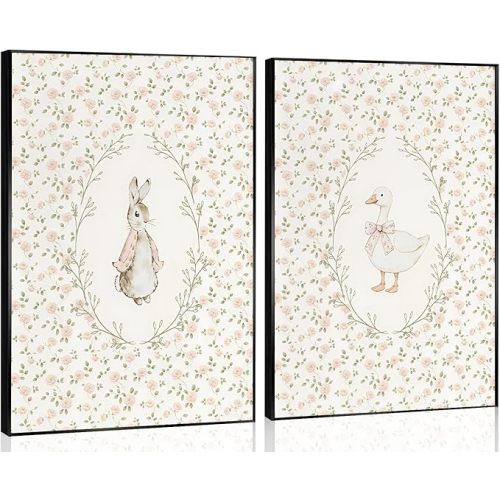2Pcs Vintage Nursery Wall Art Cute Bunny and Silly Goose Canvas Wall Decor Pink Floral Botanical Cute Animal Paintings Prints Posters for Baby Kids Bedroom Farmhouse Girl's Room Decor 16x24in Unframed