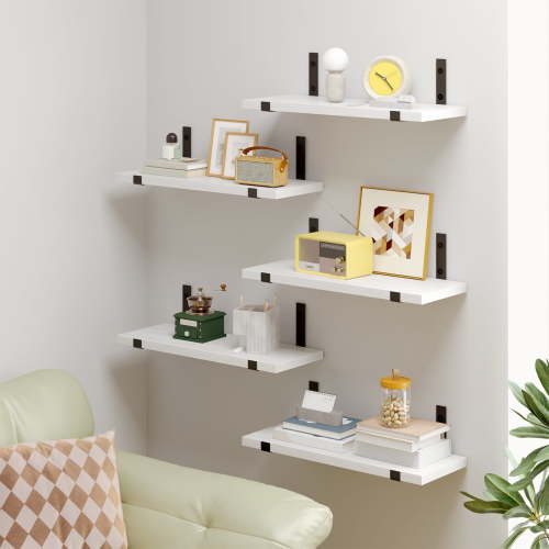 Fairy Floating Shelves, Rustic Wood Wall Storage Shelves Set of 5, 15.7in x 4.7in x 0.6in, White