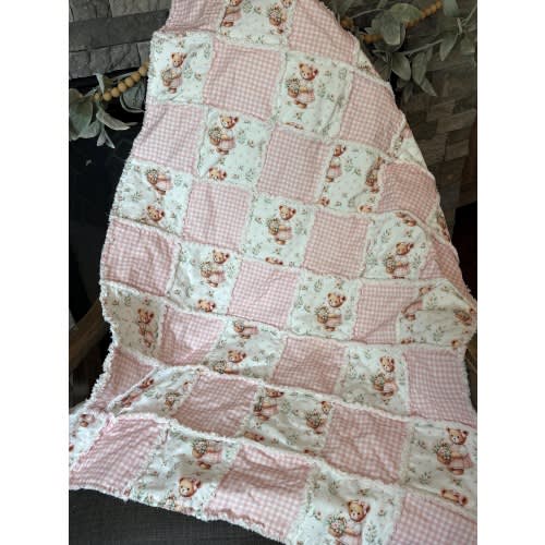Baby Girl Teddy Bear Rag Quilt/Baby Shower Gift