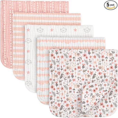 KeaBabies Organic Muslin Burp Cloths Baby Boy, Girl, 5-Pack (Sweet Charm)