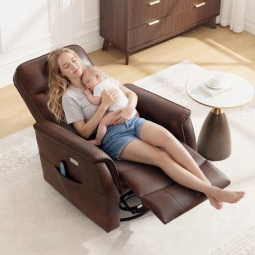 KERDOM Electric Multifunctional Swivel Rocking Chair, Leather Sitting+Lying Lounge Chair, Massage&Heating, for Living Room&Bedroom, Brown