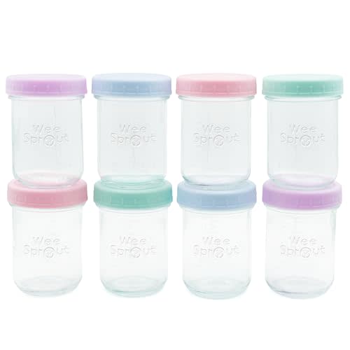 WeeSprout Baby Food Storage Glass Jars w/Lids (8 oz, 8 Pack) Pastel Variety, Snack, Reusable Small Containers, Fridge or Freezer, Microwave & Dishwasher Safe, Essentials for Infants