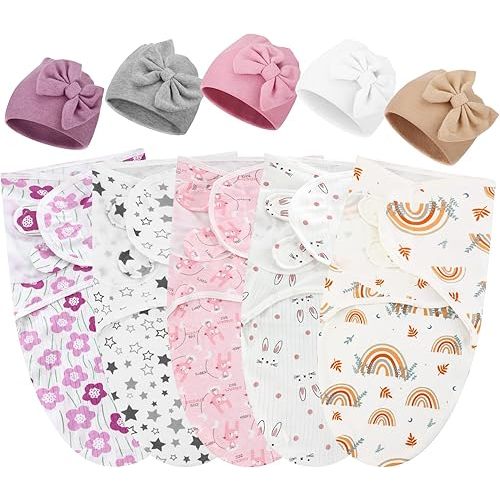 5 Pack Preemie Swaddle Blanket Wrap with Hat Set Cotton Preemie Baby Clothes Hat Receiving Blanket for 3-7 Lbs Newborn Boys Girls(Bow)
