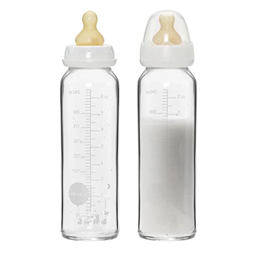 HEVEA Standard Neck Glass Baby Bottles - Natural Rubber Medium Flow Nipples - Anti Colic Baby Bottles for Breastfeeding Babies - 3+ Months - BPA-Free, Two-Pack (8 Oz)