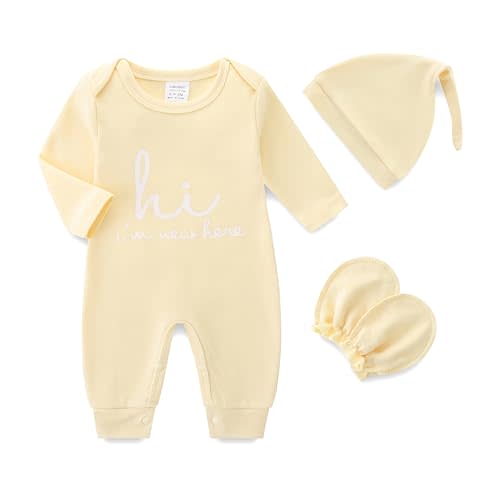 Newborn Baby Romper Cotton Coming Home Outfits Hi Im New Here with Hat Gloves Long Sleeve Solid Onesie