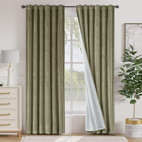Lazzzy Green Velvet Curtains 84 Inch Long Blackout Thermal Insulated Room Darkening Lined Curtain Drapes Luxury Back Tab Window Treatments for Bedroom Living Room 2 Panels, 52 x 84 Inch, Olive Sage