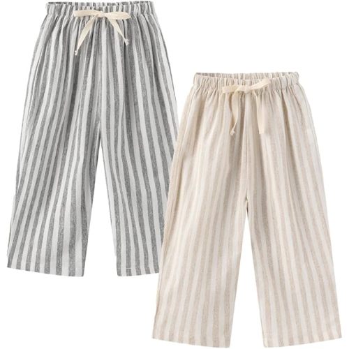 Ashmyova Classic Casual Pants for Boys Thin Cotton Stripe Elastics Waist Spring Summer Trousers Toddler Long Pants 2Pcs