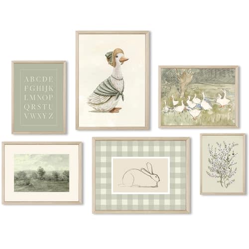 Vintage Nursery Wall Art Kids Canvas Poster Baby Room Wall Decor Sage Green Duck Wall Art Bunny Prints Floral Picture Nursery Children Artwork for Farmhouse Bedroom 8x10x6 Inch Wood Framed
