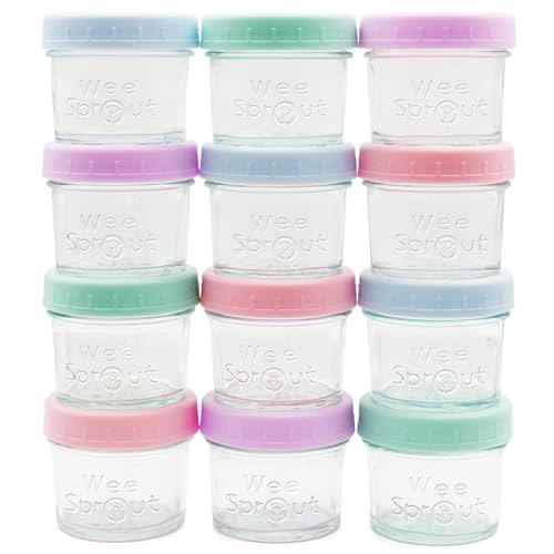 WeeSprout Baby Food Storage Glass Jars w/Lids (4 oz, 12 Pack) Pastel Variety, Snack, Reusable Small Containers, Fridge or Freezer, Microwave & Dishwasher Safe, Essentials for Infants