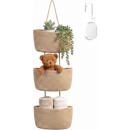 3-Tier Woven Cotton Rope Hanging Basket, Over the Door Organizer, Adjustable Detachable Wall Basket with Metal & Adhesive Hooks, No Drilling for Bedroom, Closet, Entryway & Home Decor