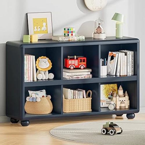 ONBRILL Wooden Bookcase with 6 Cube Storage, Kids Bookshelf with Sphere Foot, Sturdy Toy Storage Organizer, Safe Rounded Corners Bookcase for Living Room, Playroom, Nursery (Navy Blue)