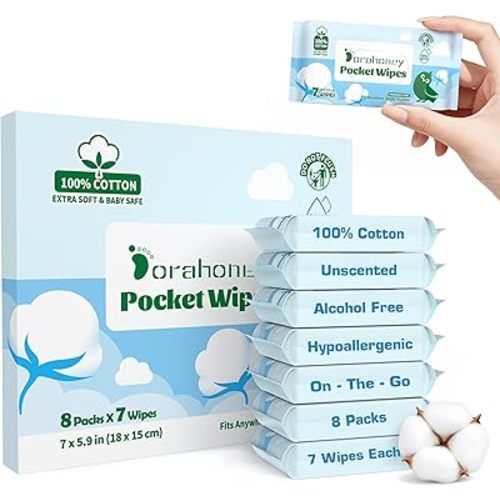 100% Cotton Travel Wipes for Sensitive Skin, 99% Purified Water Hypoallergenic Mini Wet Wipes, Unscented Pocket Wipes Travel Essentials, 56 Count (8 Packs of 7)