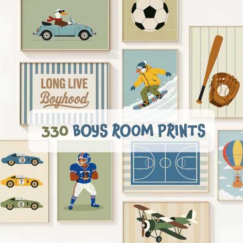 330 Retro Boys Room Wall Art Bundle Nursery Prints Kids Room Decor Baby Boy Posters Toddler Playroom Animal Car Printable Art Set