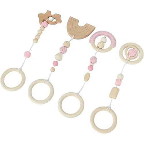 Fydun 4 Pcs Wooden Hanging Toys, 4pcs Stroller Pendant Baby Play Gym Toys, Car & for Toddlers Infants (Roseate)