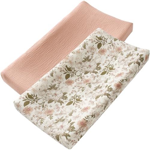 2 Pack Muslin Changing Pad Covers for Boys, Ultra Soft & Breathable Cotton Baby Diaper Changing Table Covers, Neutral Nursery Diaper Changing Pad Sheets (Vintage Blossom)