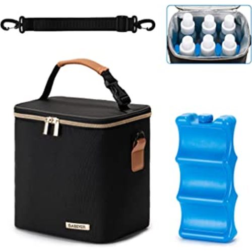 BABEYER Breast Milk Cooler Bag with Ice Pack Fits 6 Baby Bottles Up to 9 Ounce, Baby Bottle Bag with Shoulder Strap for Nursing Mom Daycare, Black