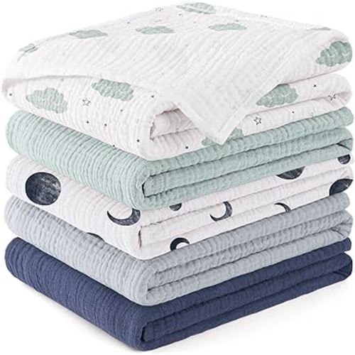 Susurration Baby Burp Cloths 5 Pack 100% Cotton Muslin Baby Washcloths 23.6 * 23.6 inch, Burping Cloths for Babies, Newborn Baby Boys Girls Essentials-Blue