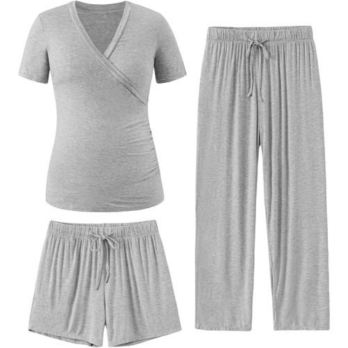 Medium - 3-Piece Maternity Nursing Pajamas, Pregnancy to Postpartum Breastfeeding Pjs with Pockets, Soft Sleepwear, S-XXL