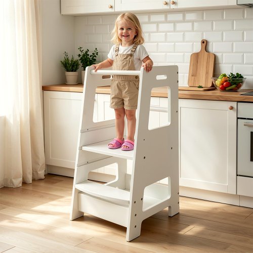 Ebern Designs Toddler Standing Tower for Kitchen, Step Stool for Kids, Adjustable Height Learning Stool with Removable Anti-Drop Safety Rail, Anti-Slip Step Stool for Toddlers for Bathroom Bedroom Counter | Wayfair