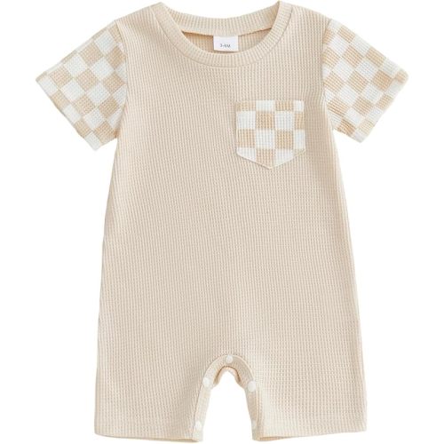 Newborn Baby Boy Summer Outfit Romper Short Sleeve Plaid Print Patchwork Jumpsuits Cute Infant Waffle Clothes