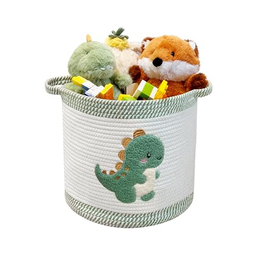 Mzzelry Toy Storage Basket(12"x12"), blanket basket, Cotton Rope Woven Laundry Hamper with Cute Embroidered Dinosaur for Nursery, Living Room, Laundry (Dinosaur)