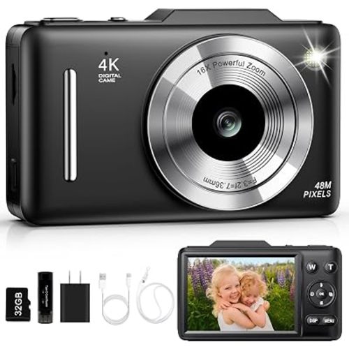Digital Camera 4K for Kids-48MP Autofocus Vlogging Camera with 32GB Card, 16X Zoom, Anti-Shake, Compact Point and Shoot Camera for Teens Beginners, Birthday Gift Black