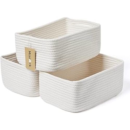 Small Storage Baskets for Organizing | Closet Organizer Bins | Shelf Toy Basket | Woven Rope Baskets | Cube Decorative Box | Shallow Basket | 13x8.5x5.1” | 3 Packs Off White