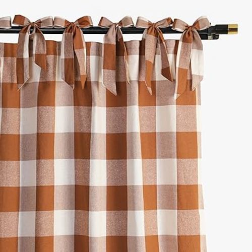 THE ART BOX Farmhouse Buffalo Plaid Check Tartan Curtains, Light Filtering Window Drapes for Living Room & Bedroom, Woven Plaid Pattern with Bow Tie Top, 2 Panels, 42" x 63", Brown