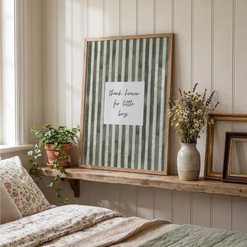 Thank Heaven For Little Boys Nursery Wall Decor Sage Green Striped Neutral Baby Boy Room Minimalist Christian Poster UNFRAMED Print