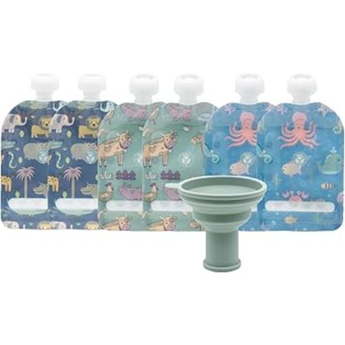 WeeSprout Double Zipper Reusable Food Pouches, Perfect for Babies & Toddlers, Freezer & Dishwasher Safe (Animals, 3.4 Fl Oz (Pack of 6) + Pouch Filler)