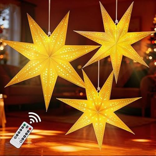 Large Paper Star Lanterns with Lights, 3D 7 Pointed Christmas Paper Lanterns, 3Pcs Foldable Decorative Christmas Hanging Decorations for Xmas Wedding New Year Party Home Decor Indoor, 24/18 Inch