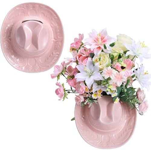Ceramic Cowgirl Hat Wall Hanging Vase Planter Pot, Pink