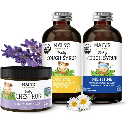 Matys Baby Cough Care Bundle, Organic Day & Night Cough Syrups 2-pk Plus Baby Chest Rub Ointment for Babies & Infants 3 Months +, Melatonin Free, 3pcs
