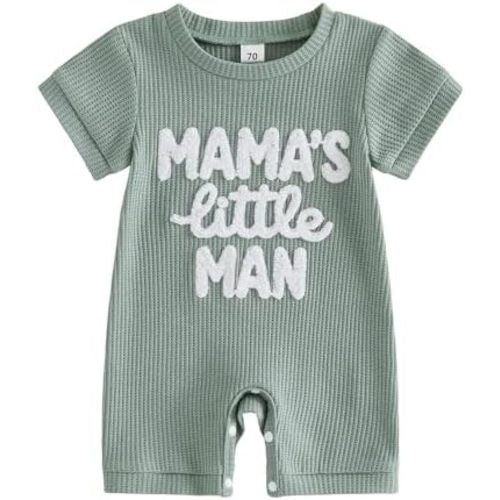 Sejardin Newborn Infant Baby Boy Summer Jumpsuit Letter Embroidery Short Sleeve Crew Neck Romper Waffle Outfit