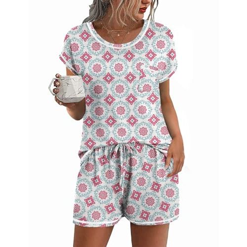 Ekouaer Womens Pajama Sets 2 Piece Pjs Short Sleeve Top and Shorts | Soft Sleepwear Round Neck Lounge Set with Pockets for Sleeping, Daily Wear
