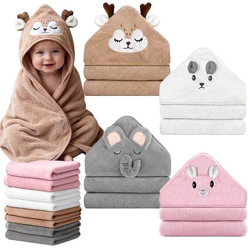 AnCabulous 12 Pcs Baby Bath Towels Set, 4 Pcs 31"x31" Hooded Bath Towels, 8 Pcs 10"x10" Baby Washcloths for Newborns, Toddlers and Kids, Soft Baby Towel Set for Boys and Girls.
