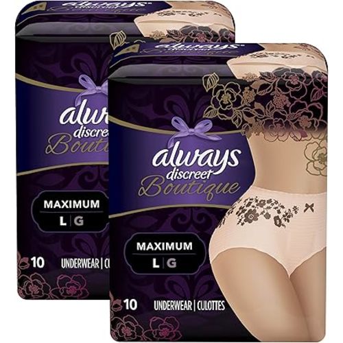 Always Discreet Boutique, Incontinence Underwear for Women, Maximum Protection, Peach, Large, Total 20 Count