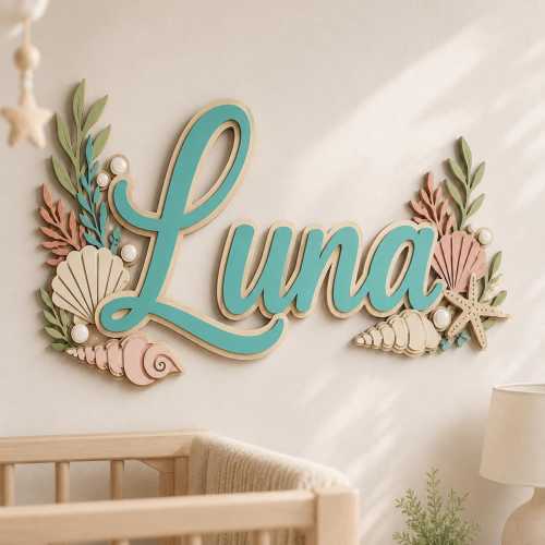 Personalized Coastal Nursery Name Sign, Custom Wood Baby Name Sign, Seashell Ocean Baby Girl Room Decor, Beach Above Crib Art