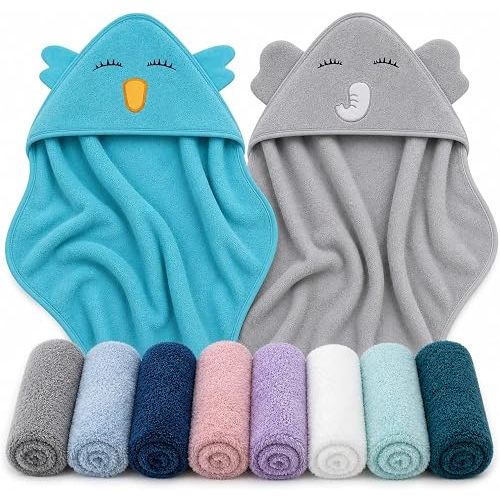 Cute Castle 2 Pack Hooded Baby Towel Rayon Made from Bamboo and 8 Washcloths - Lovely Elephant, Happy Bird