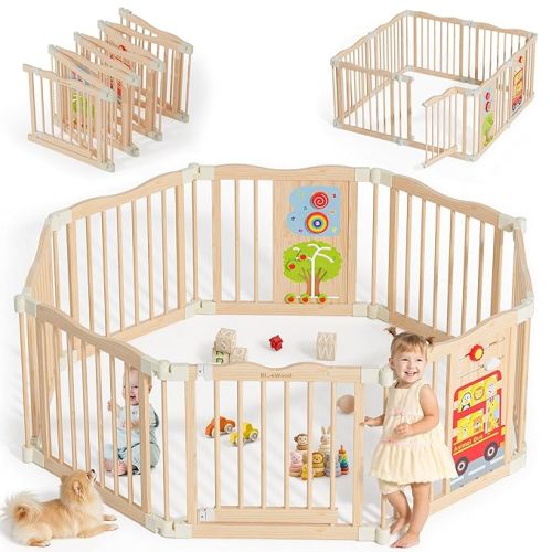 Foldable Wooden Playpen - Adjustable Wood Baby Play Yard with Child-Proof Lock, Indoor Large Safety Fence for Babies and Toddlers - Easy Assembly, 55 x 55 x 24 inches, Natural Animal Bus