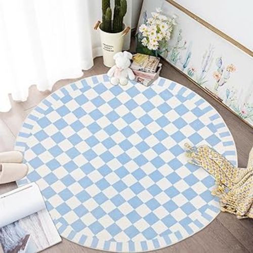 Checkered Rug Carpet 4Ft Round Buffalo Plaid Kids Bedroom Area Rug, Circle Modern, Soft Nonslip Floor Mat, Geometric Checkerboard, Living Room Indoor Home Dorm Decor, Blue